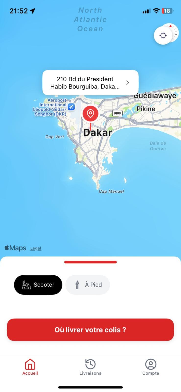 L'application Tiak-Tiak affichant une carte de Dakar